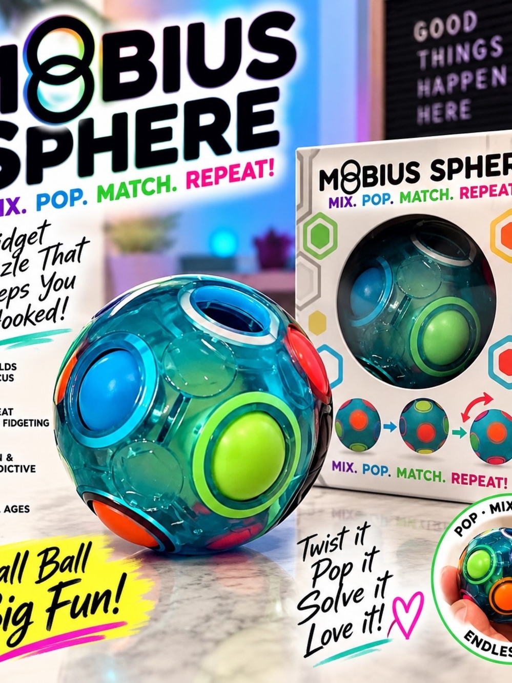 Sphere Puzzle Ball - Teal with Green & Orange Accents